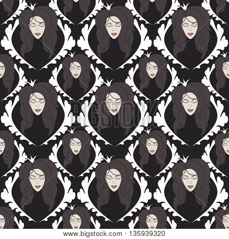 seamless pattern with princess with crown with eyes closed.