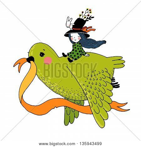 The story of the dove, fairy girl, rabbit and a hat. Hand drawn vector.