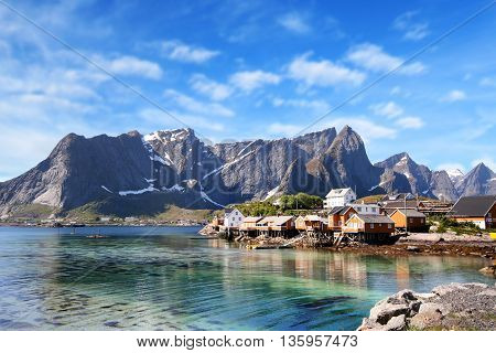 small town of hamnoy near lofoten in norway with blue sky
