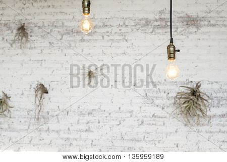 Beautiful White brick wall and ceiling lamp