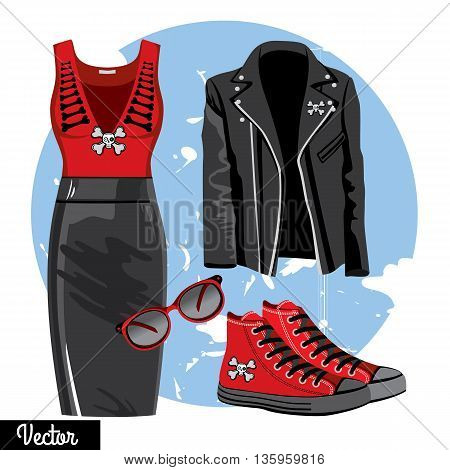 Illustration stylish and trendy clothing with skull. Leather skirt, singlet, sunglasses, sneakers. Gotic and casual fashion vector Illustration