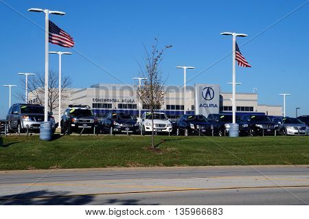 NAPERVILLE, ILLINOIS / UNITED STATES - NOVEMBER 3, 2015: One may purchase an Acura luxury vehicle at Continental Acura in Naperville.