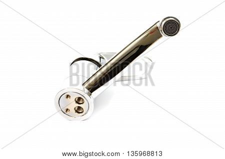 Modern stainless steel tap. Isolated on white background.