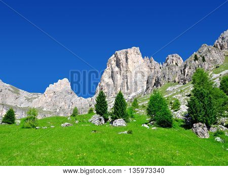 Beautiful mountain landscape in sunny day. Valle del Vajolet in Dolomites,Italien Alps
