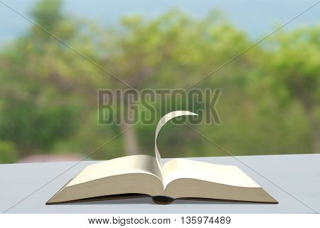 Book With Turning Page On Table Outdoor , 3D Rendering