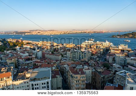 Aerial view of Istanbul Turkey. Modern transcontinental megalopolis cityscape at golden hour