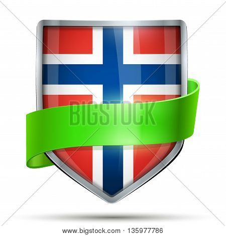 Shield with flag Norway and ribbon. Editable Vector Illustration isolated on white background.