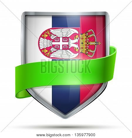 Shield with flag Serbia and ribbon. Editable Vector Illustration isolated on white background.