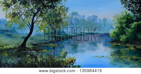 Oil Painting of forest landscape - pond in the forest. Abstract drawing outdoor; leaves