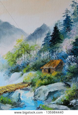 oil painting - landscape in mountains house in the mountains and forests near the bridge abstract drawing outdoor wallpaper