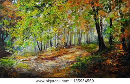 Oil painting landscape - colorful autumn forest autumn; background
