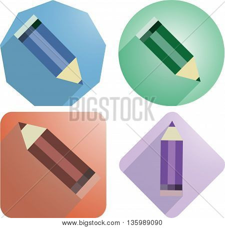 Pencils. Vector image. The four icons. Pencils with shadow on blue, green, red and purple background.