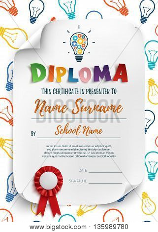 Diploma template for kids, school, preschool, playschool, certificate background wit colorful light bulbs. Vector illustration.