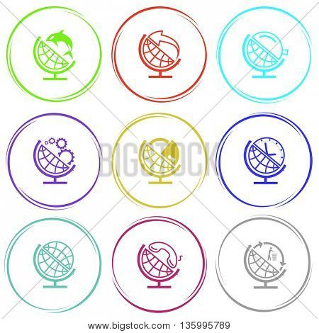 9 images: globe and shamoo, and arrow, and loupe, and gears, and lock, and clock, and handset, and recycling symbol. School globe set. Internet button. Vector icons.