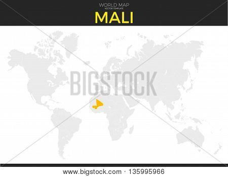 Republic of Mali location modern detailed vector map. All world countries without names. Vector template of beautiful flat grayscale map design with selected country and border location