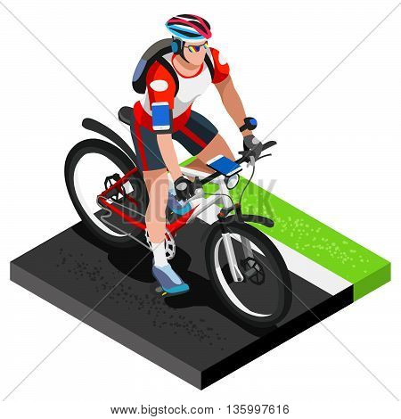 Road Cycling Cyclist Working Out.3D Flat Isometric Cyclist on Bicycle. Outdoor Working Out Road Cycling Exercises. Cycling Bike for Bicyclist athlete Working Out training Vector Image