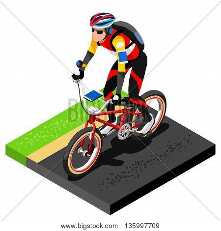 Road Cycling Cyclist Working Out.3D Flat Isometric Cyclist on Bicycle. Outdoor Working Out Road Cycling Exercises. Cycling Bike for Bicyclist athlete Working Out training Vector Image