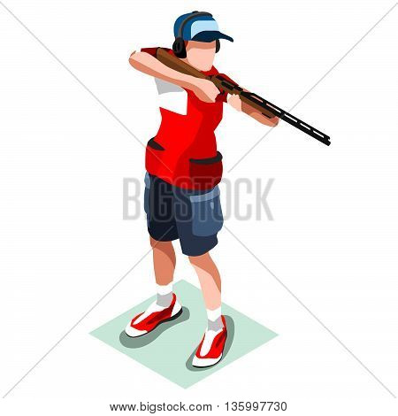 Shooting Player Summer Icon Set.3D Isometric Shooter Athlete.Sporting Championship International Shooting Competition.Olympics Sport Infographic Shooting Vector Illustration