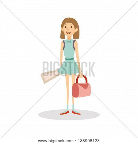 Young beautiful girl ready to vacation and trips. Girl tourist character isolated on white background holding bag and map in hand. Vector eps 10 format.