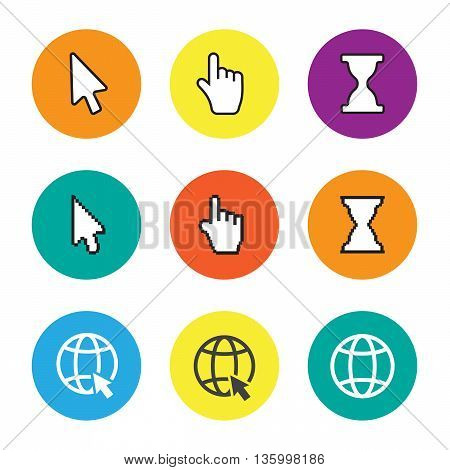 Hand cursor signs arrow pointer symbols and click icons with long shadows vector set eps10