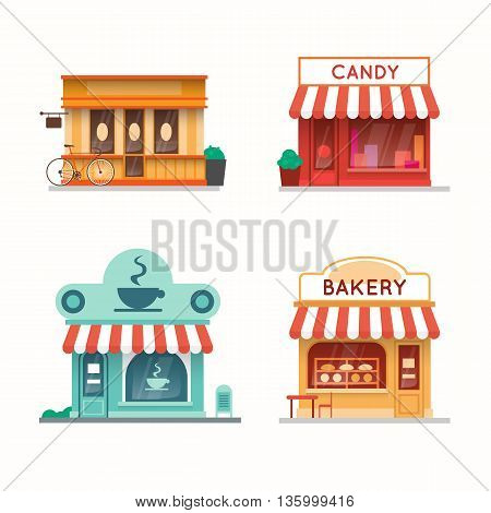 Set of shops and stores building facades. Candy store, coffee shop, bakery, bookstore. Flat design vector illustration.