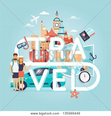Two young tourists on vacation. Character design. World Travel. Planning summer vacations. Summer holiday. Summer travel. Tourism and vacation theme. Flat design vector illustration. Poster.