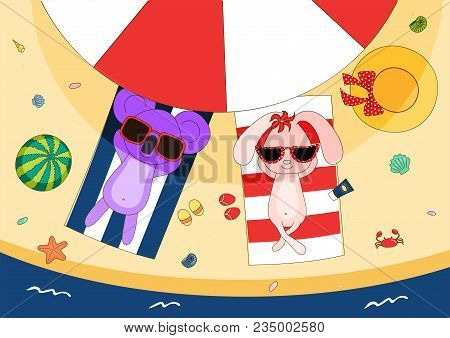Hand Drawn Vector Illustration Of A Cute Koala And Bunny In Sunglasses Lying On Towels, In The Shade