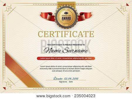 Official Retro Certificate With Red Gold Design Elements. Red Ribbon And Gold Emblem. Vintage Modern