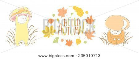 Hand Drawn Vector Illustration Of Mushrooms Fly Amanita, Red Capped Scaber Stalk In The Grass With W