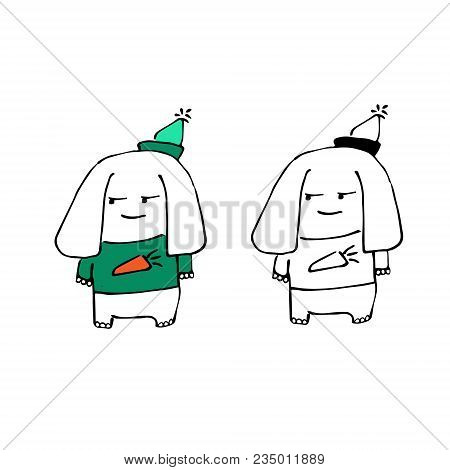 Hand Drawn Illustration Of A Cartoon Dog Rabbit With Big Hanging Floppy Ears Wearing Pointed Hat Wit