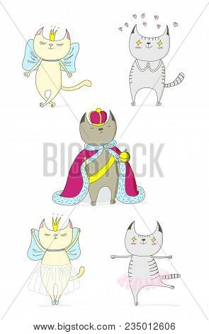 Hand Drawn Vector Doodles Of Cute Funny Cats - A Cat In Love With Princess, With Hearts, A King In A