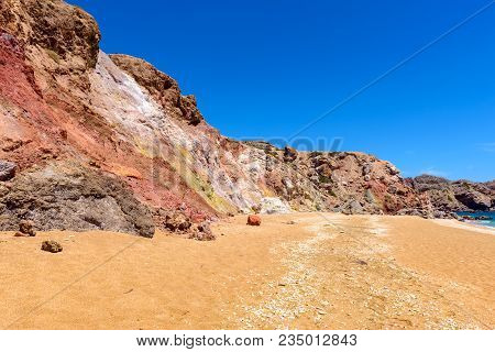 View Of Multicolored Rocks On Paleochori Beach Located On The South Coast Of Milos. Cyclades, Greece
