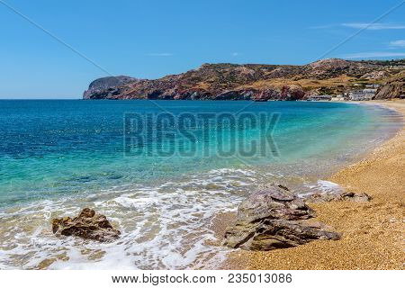View Of Paleochori Beach Located On The South Coast Of Milos. Cyclades, Greece.