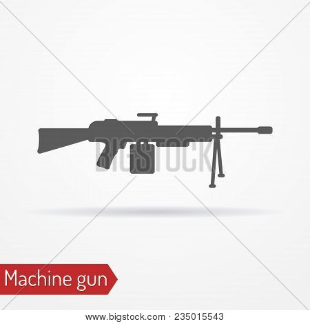 Abstract Assault Machine Gun. Isolated Icon In Silhouette Style With Shadow. Typical Army Large-cali