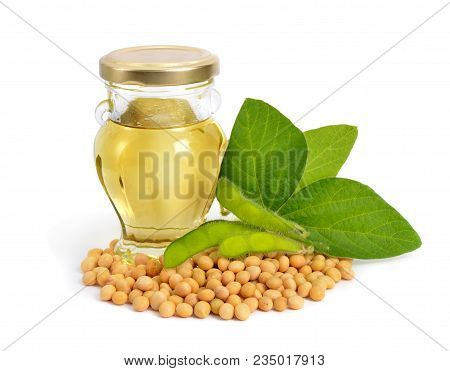 Soybean Oil In A Bottle With Green Pods And Leawes.  Isolated On White Backgraund.