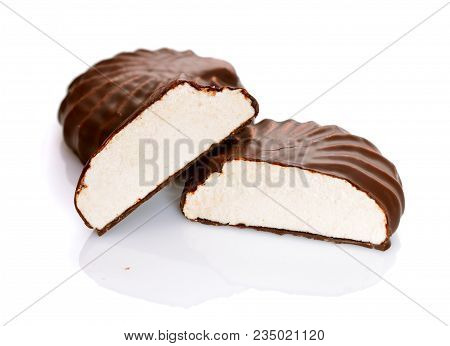 A Chocolate-coated Zefir. Isolated On White Background.