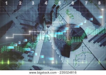 Abstract Blurry Financial Report Backdrop. Forex And Investment Concept. Double Exposure