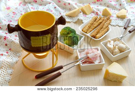 Cheese Fondue Dish With Wegetables. Still Life.