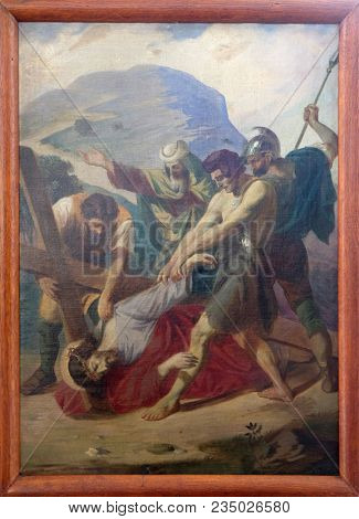 SISAK, CROATIA - DECEMBER 07: 3rd Stations of the Cross, Jesus falls the first time, Church of Visitation of the Virgin Mary in Sisak, Croatia, on December 07, 2017.