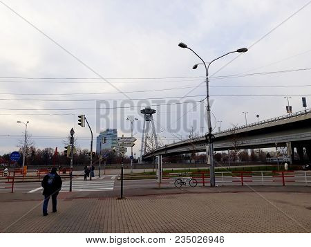 Bratislava, Slovakia - 15 December 2017: Snp Bridge, New Bridge Over Danube In Bratislava