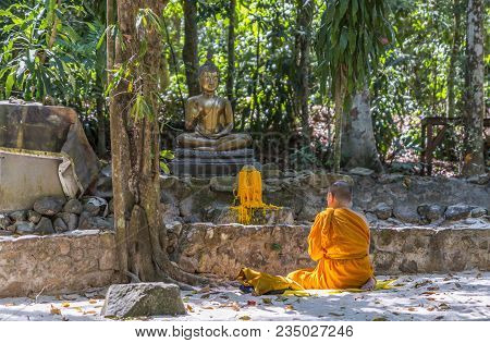 A Monk Is Worshiping And Meditating In Front Of The Golden Buddha In Garden Of Wat Suan Mok Phalaram