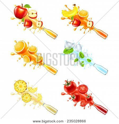 Juice Explosion From Glass Bottle. Apple, Multivitamin, Orange, Mint, Pineapple And Tomato 3d Vector