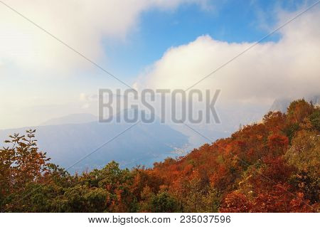 Autumn Landscape With Mountains And Clouds. Montenegro,  Vrmac Mount And Bay Of Kotor