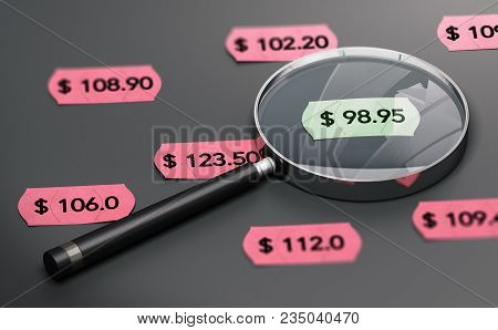 3d Illustration Of A Magnifying Glass Over Black Background With Price Tags And Focus On The Cheapes