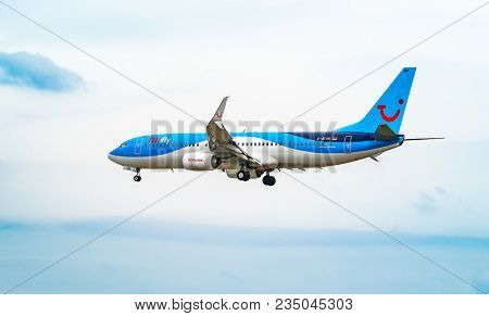 AIRPORT FRANKFURT,GERMANY: JUNE 23, 2017: Boeing 737 TUI fly Deutschland form is a German leisure airline owned . TUI fly Deutschland is part of the TUI Airlines alliance.