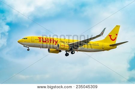 AIRPORT FRANKFURT,GERMANY: JUNE 23, 2017: Boeing 737 TUI fly Deutschland form is a German leisure airline owned . TUI fly Deutschland is part of the TUI Airlines alliance.