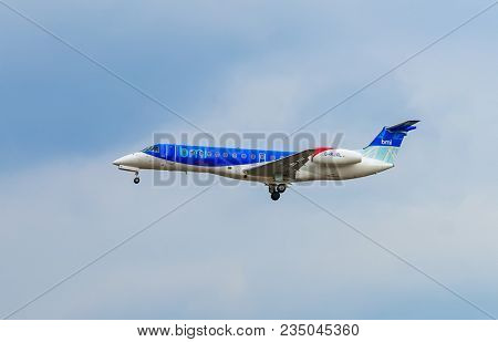 AIRPORT FRANKFURT,GERMANY: JUNE 23, 2017: Embraer ERJ-135 British Midland Regional Limited, a British regional airline that provides regular passenger services throughout the UK and Europe.