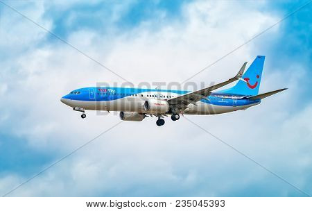 AIRPORT FRANKFURT,GERMANY: JUNE 23, 2017: Boeing 737 TUI fly Deutschland form is a German leisure airline owned . TUI fly Deutschland is part of the TUI Airlines alliance.