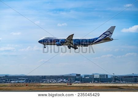 AIRPORT FRANKFURT,GERMANY: JUNE 23, 2017: Boeing 747-200F AirBridgeCargo Airlines is the largest Russian cargo airline. It operates scheduled cargo services on routes between Russia, Asia, Europe