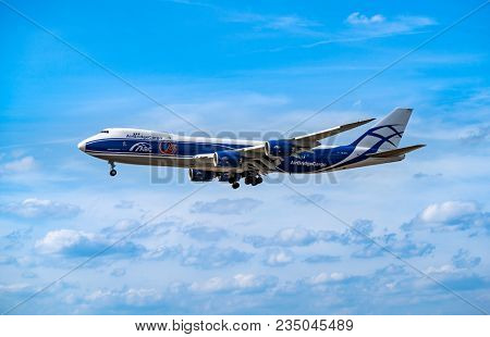 AIRPORT FRANKFURT,GERMANY: JUNE 23, 2017: Boeing 747-200F AirBridgeCargo Airlines is the largest Russian cargo airline. It operates scheduled cargo services on routes between Russia, Asia, Europe